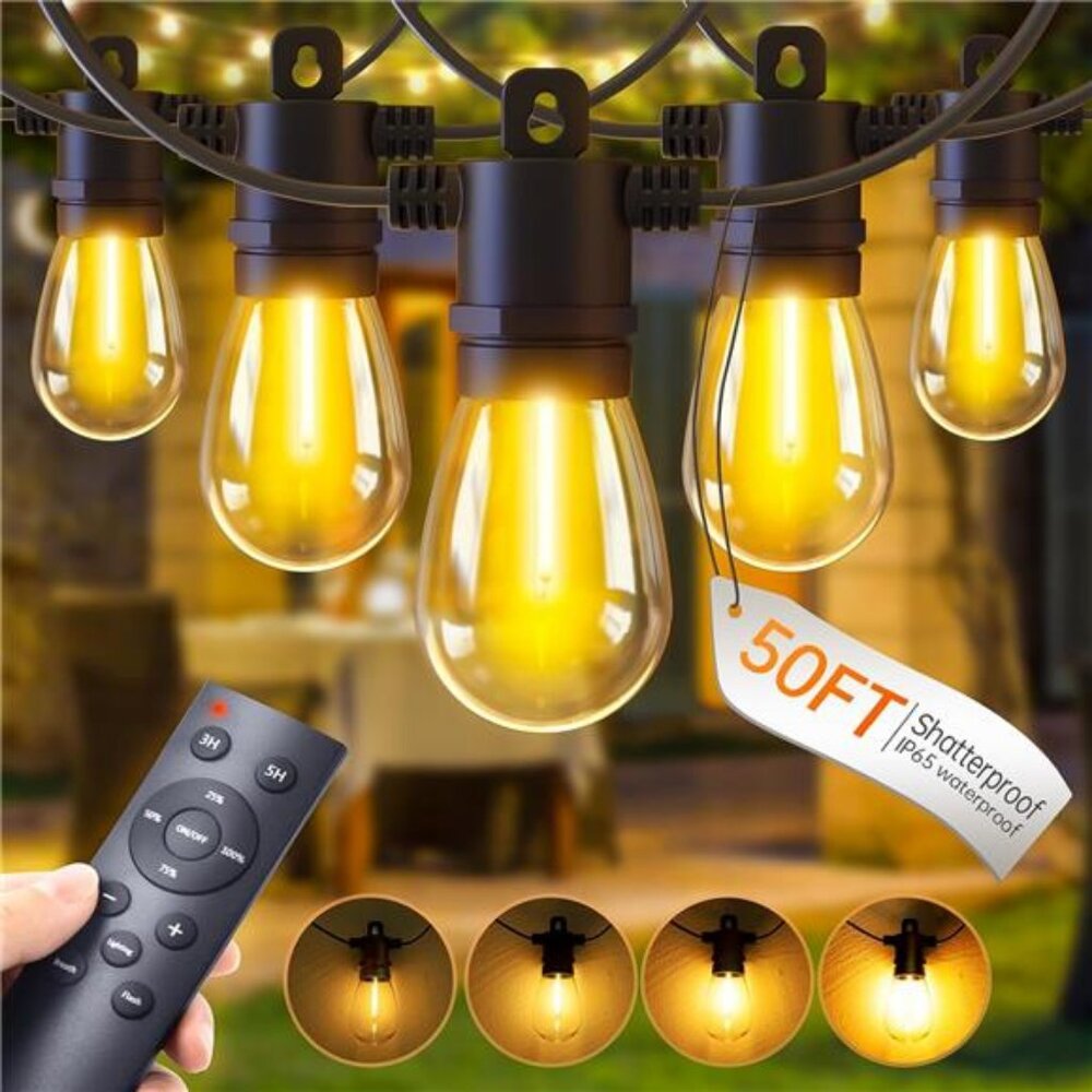 LED Outdoor String Lights Patio - 50FT Dimmable Hanging Light with Remote